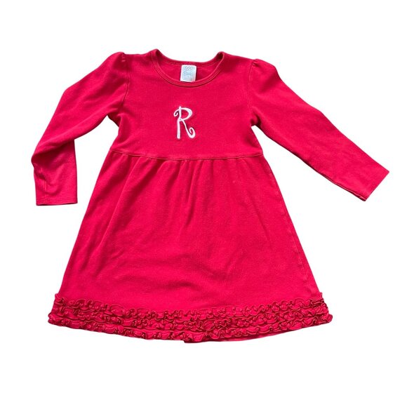ARB Blanks "R" Monogrammed Knit Dress Girls Size 8 Red Long Sleeve Ruffle Hem - Picture 1 of 9